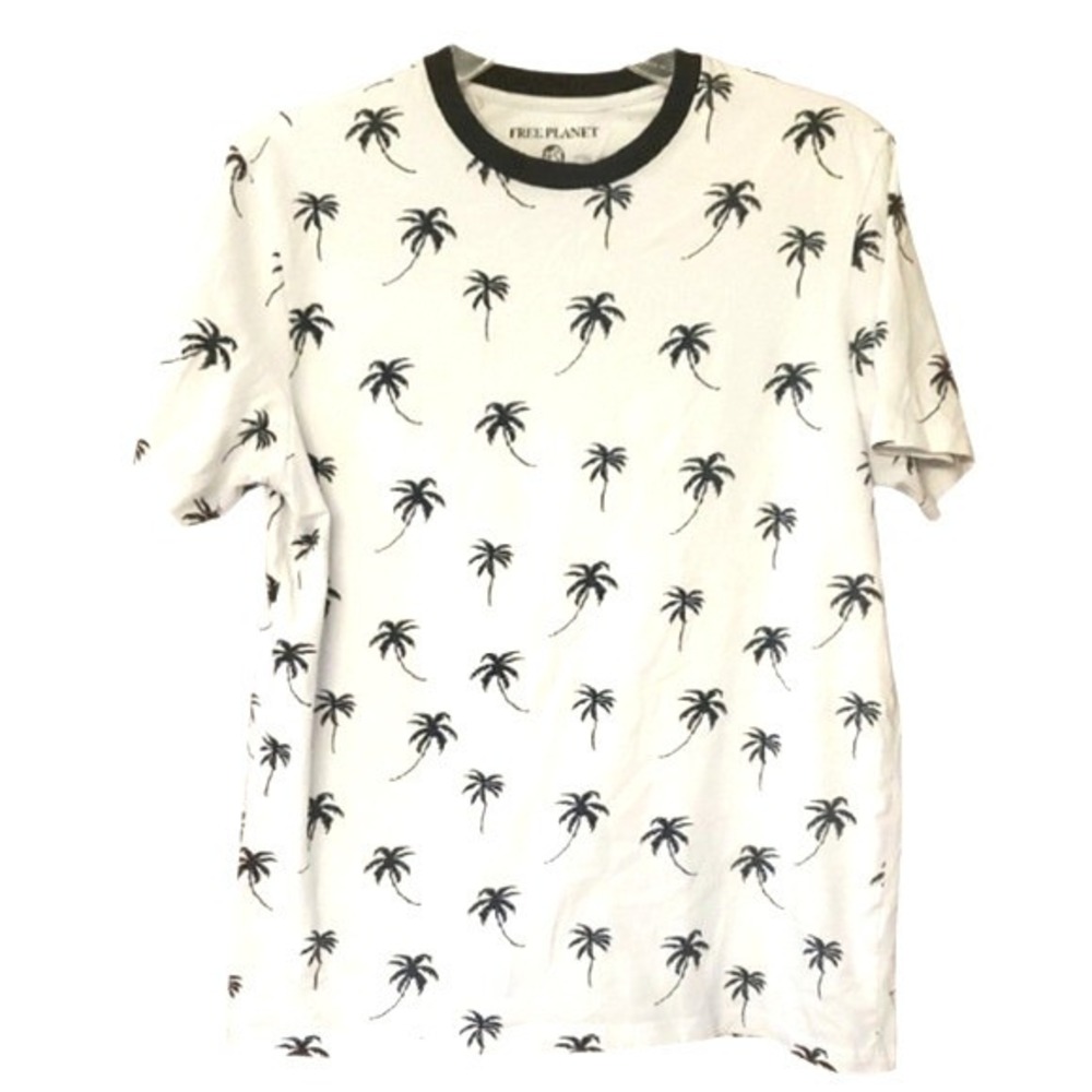 Free Planet White Palm Tree Print Men's Short Sleeve Shirt Size Medium